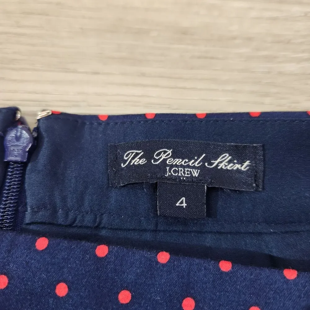 J.Crew Polka Dot Pencil Skirt Navy Red Cotton Blend Preppy Twee Womens Size 4